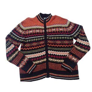 Erika & Co Fair Isle Zip Cardigan Sweater Size L Heavyweight Aztec Boho